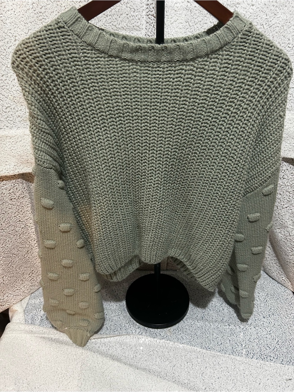 moon & madison Olive Green Pom-Pom Sleeve Crew Sweater